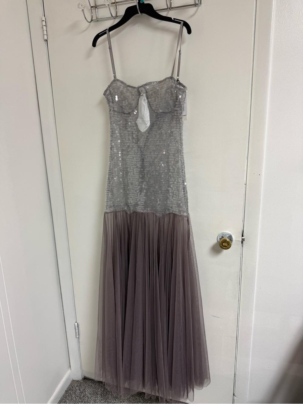 Silver Sequin & Taupe Tulle Evening Gown